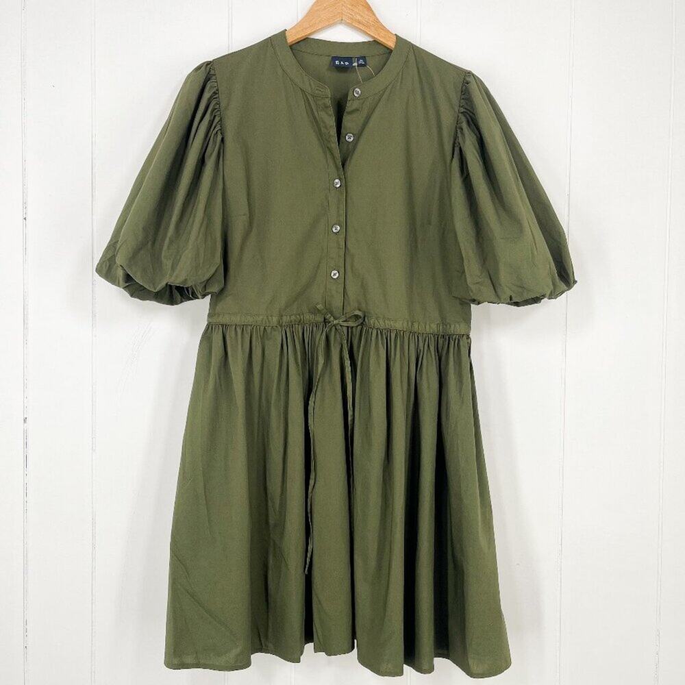 Gap Bubble Sleeve Dress Button Front Cinch Waist Cotton Poplin Size Medium Green